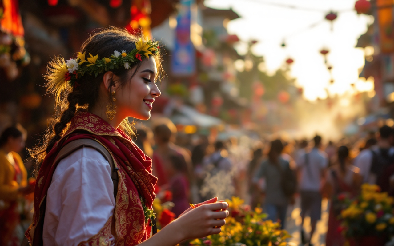 Un étudiant participant à une activité culturelle à l'étranger, entouré de vêtements traditionnels colorés lors d'un festival local, avec une ambiance chaleureuse sous un éclairage de coucher de soleil.