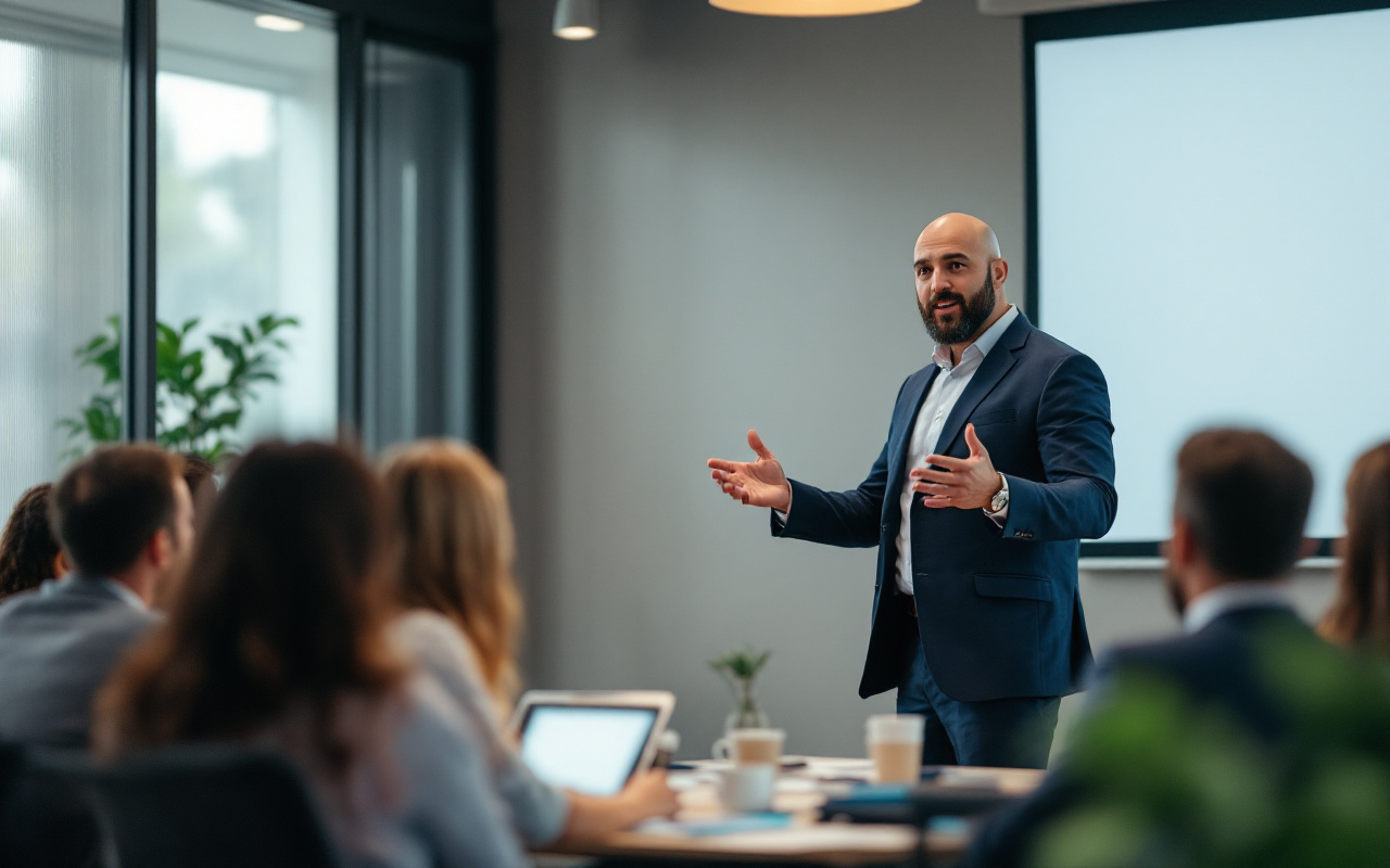 Un professionnel en train de faire une présentation en anglais dans une salle de conférence moderne, captivant l'audience avec un langage corporel confiant, vêtu d'un costume bleu marine.