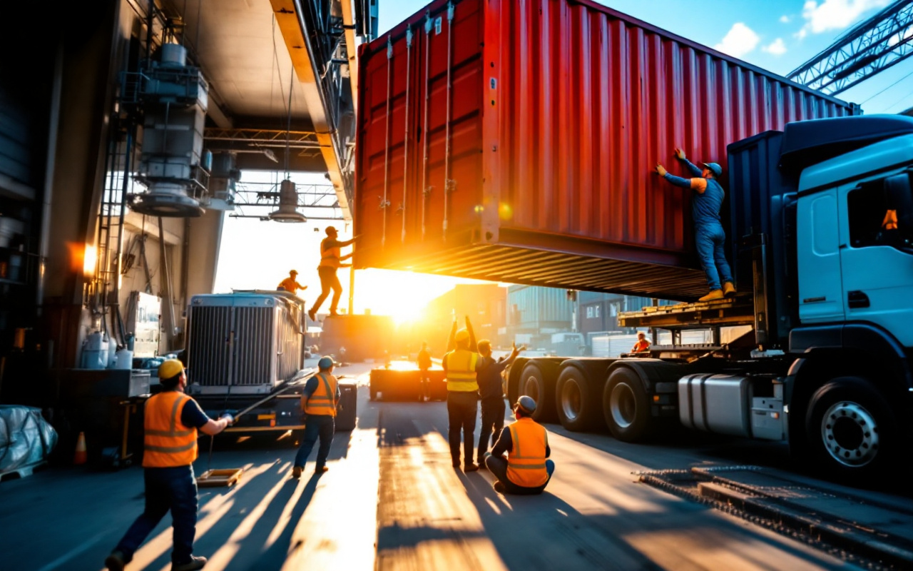 Des travailleurs chargent un grand conteneur de transport sur un camion, dans un environnement industriel animé, éclairé par un soleil éclatant, illustrant le travail d'équipe et l'effort.