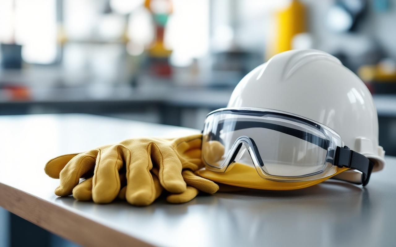 Image d'équipement de sécurité sur un bureau, comprenant des gants, des lunettes et un casque, disposés de manière ordonnée et prêts à l'utilisation.