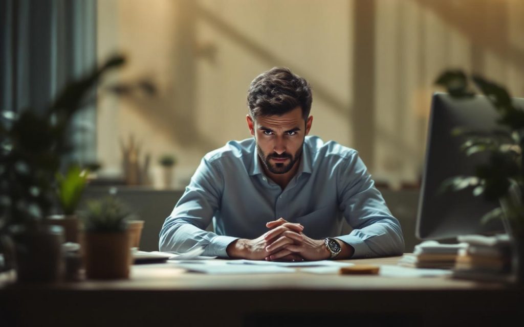 un-travailleur-isole-dans-un-bureau-calme-arborant-une-expression-preoccupee-on-peut-voir-un-bureau-minimaliste-avec-quelques-papiers-eparpilles-et-lecran-dun-ordinateur-eclaire-faiblement-cr