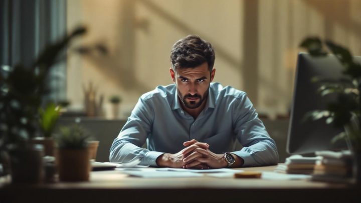 un-travailleur-isole-dans-un-bureau-calme-arborant-une-expression-preoccupee-on-peut-voir-un-bureau-minimaliste-avec-quelques-papiers-eparpilles-et-lecran-dun-ordinateur-eclaire-faiblement-cr