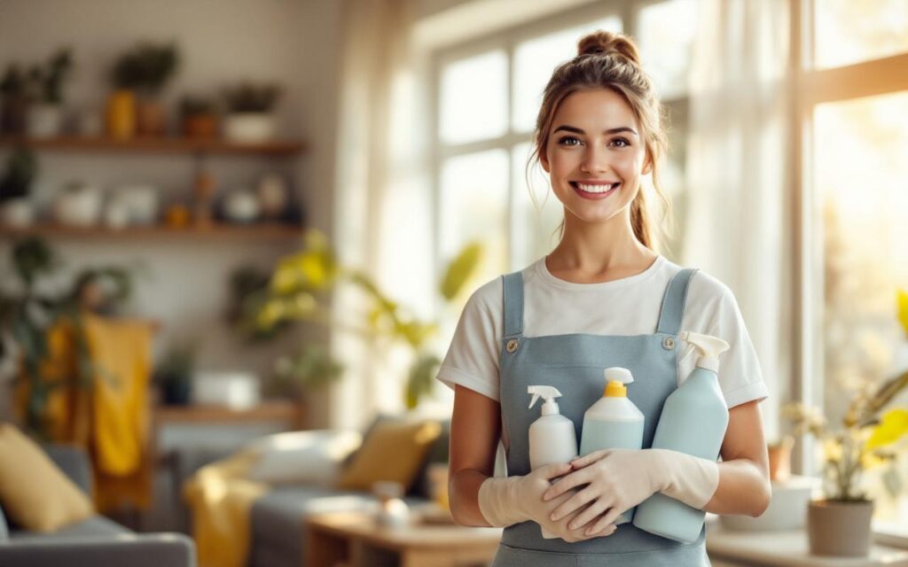 Une personne souriante en tenue de ménage tient des produits de nettoyage et un chiffon dans un salon lumineux aux tons beiges et blancs avec accents bleu-vert, la lumière du soleil traverse de grandes fenêtres créant un éclairage volumétrique doux.