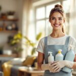 Une personne souriante en tenue de ménage tient des produits de nettoyage et un chiffon dans un salon lumineux aux tons beiges et blancs avec accents bleu-vert, la lumière du soleil traverse de grandes fenêtres créant un éclairage volumétrique doux.