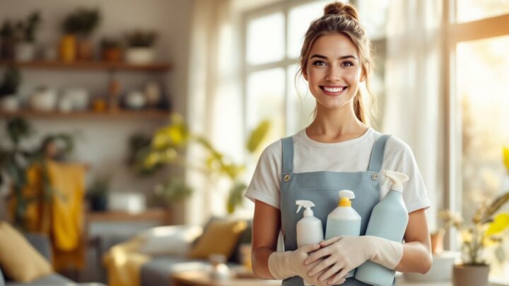 Une personne souriante en tenue de ménage tient des produits de nettoyage et un chiffon dans un salon lumineux aux tons beiges et blancs avec accents bleu-vert, la lumière du soleil traverse de grandes fenêtres créant un éclairage volumétrique doux.