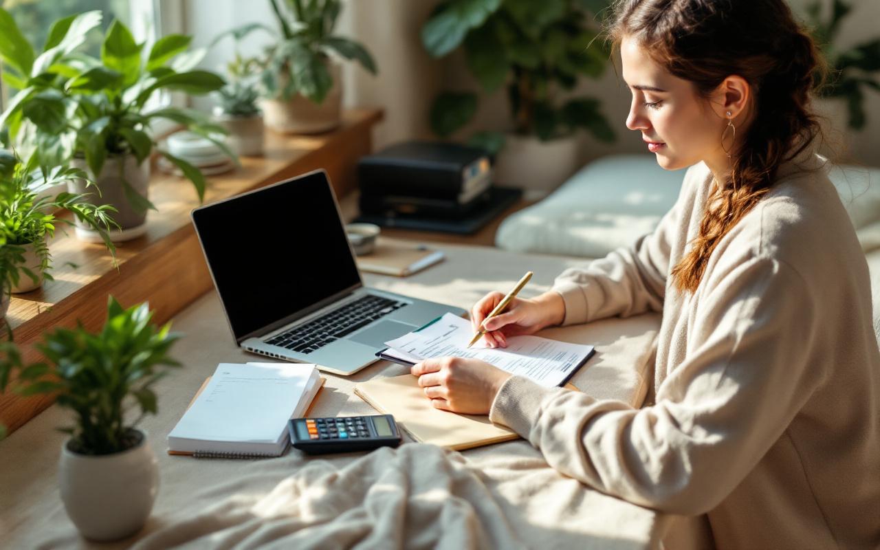Praticien de massage indépendant vérifiant ses finances dans son bureau à domicile, ordinateur portable, factures et calculatrice sur le bureau, table de massage et plantes en arrière-plan, lumière matinale chaude.