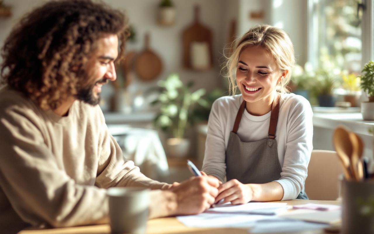 Propriétaire et femme de ménage discutant d'une checklist à la table de la cuisine, lumière matinale douce, atmosphère naturelle et chaleureuse, documents et stylo sur la table.