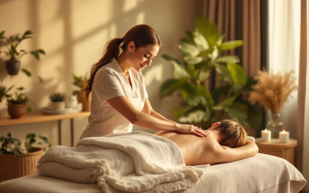 Thérapeute de massage travaillant avec une cliente sur une table de massage dans une salle de spa calme, lumière douce dorée, tons beiges et verts, serviette et plantes en arrière-plan, ambiance sereine et relaxante.
