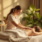 Thérapeute de massage travaillant avec une cliente sur une table de massage dans une salle de spa calme, lumière douce dorée, tons beiges et verts, serviette et plantes en arrière-plan, ambiance sereine et relaxante.