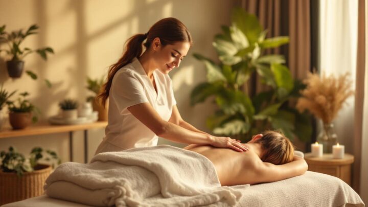 Thérapeute de massage travaillant avec une cliente sur une table de massage dans une salle de spa calme, lumière douce dorée, tons beiges et verts, serviette et plantes en arrière-plan, ambiance sereine et relaxante.