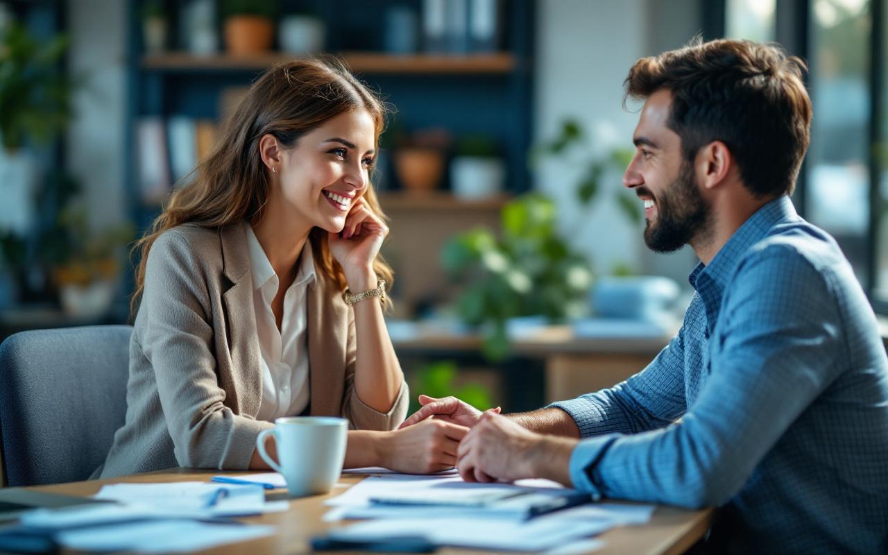 Un recruteur d'agence d'intérim discute avec un candidat assis à un bureau moderne, ordinateur portable et CV sur la table, tasse de café à côté, lumière douce et naturelle filtrant par la fenêtre.