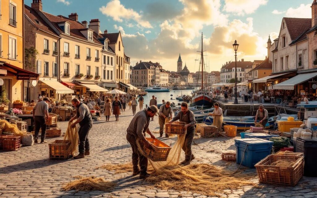 Des travailleurs saisonniers sur le port d'une petite ville côtière française, transportant des caisses et réparant des filets près de petites barques, avec des immeubles pastel en arrière-plan, la mer bleu profond et une lumière chaude de coucher de soleil, ambiance réaliste et naturelle.