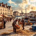 Des travailleurs saisonniers sur le port d'une petite ville côtière française, transportant des caisses et réparant des filets près de petites barques, avec des immeubles pastel en arrière-plan, la mer bleu profond et une lumière chaude de coucher de soleil, ambiance réaliste et naturelle.