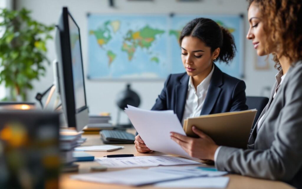 Une responsable RH prépare une politique de voyage professionnel sur un bureau moderne, avec une carte du monde et des documents d’assurance disposés à côté d’un dossier.