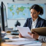 Une responsable RH prépare une politique de voyage professionnel sur un bureau moderne, avec une carte du monde et des documents d’assurance disposés à côté d’un dossier.