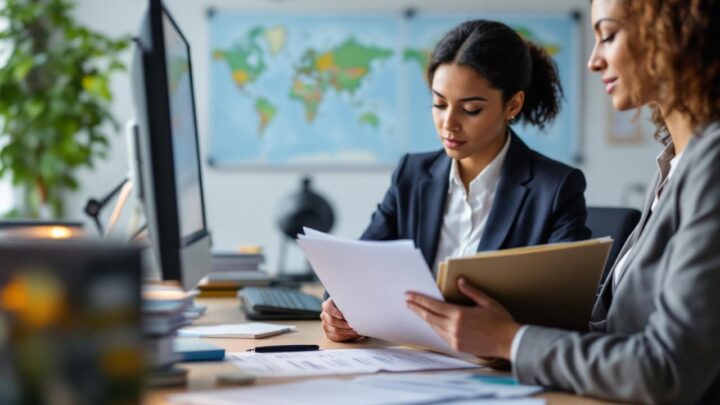 Une responsable RH prépare une politique de voyage professionnel sur un bureau moderne, avec une carte du monde et des documents d’assurance disposés à côté d’un dossier.