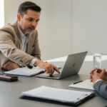 Réunion professionnelle : un consultant indépendant et des interlocuteurs autour d’une table, des documents contractuels et un ordinateur portable, ambiance de travail en lumière naturelle.