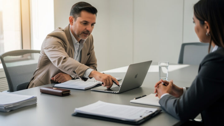 Réunion professionnelle : un consultant indépendant et des interlocuteurs autour d’une table, des documents contractuels et un ordinateur portable, ambiance de travail en lumière naturelle.