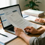 Entrepreneur indépendant comparant plusieurs documents et statuts sur un bureau moderne, éclairage naturel et ambiance professionnelle lumineuse.