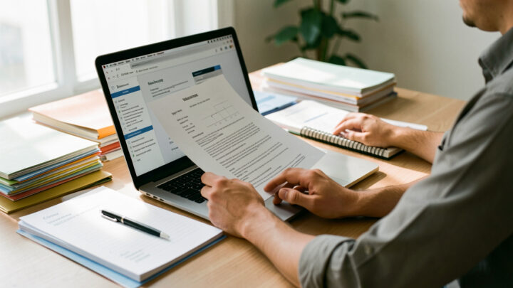 Entrepreneur indépendant comparant plusieurs documents et statuts sur un bureau moderne, éclairage naturel et ambiance professionnelle lumineuse.