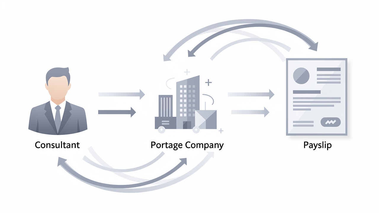 Schéma visuel clair montrant le portage salarial entre un consultant, une société de portage et un document de bulletin de paie.