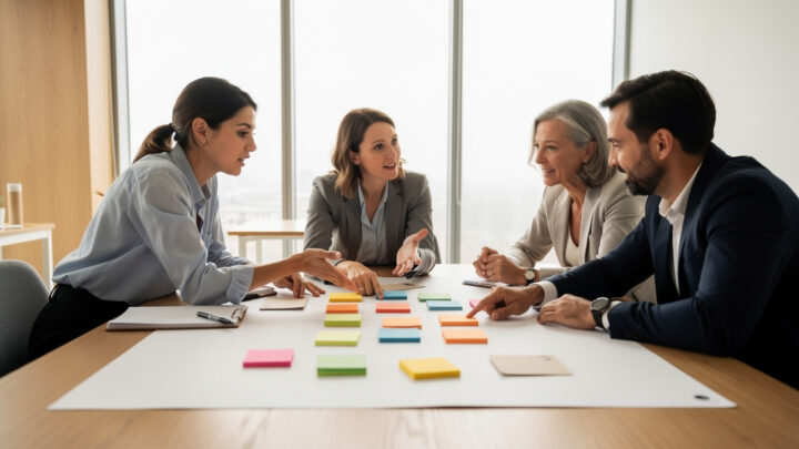 Équipe mixte de collaborateurs réunie autour d’une table, organisant des post-it colorés vierges et des éléments neutres sur un tableau de travail dans un atelier lumineux.