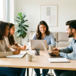 Équipe diverse composée de femmes et d’hommes réunie autour d’une table dans des bureaux lumineux, dans une ambiance professionnelle et chaleureuse.