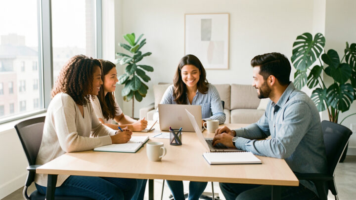 Équipe diverse composée de femmes et d’hommes réunie autour d’une table dans des bureaux lumineux, dans une ambiance professionnelle et chaleureuse.