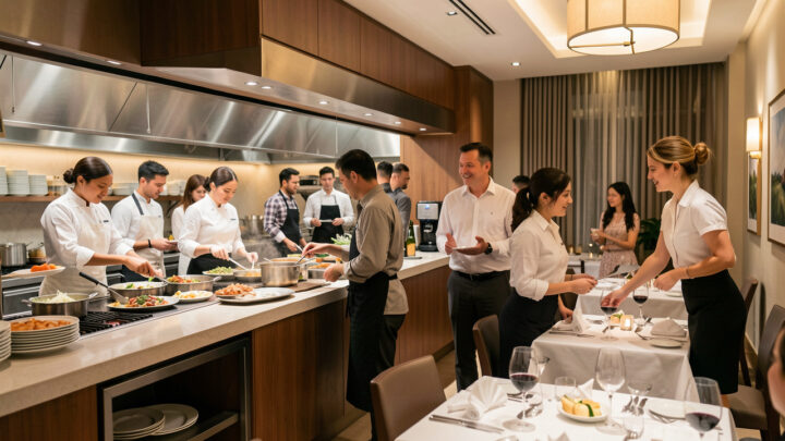 Équipe diversifiée composée de femmes et d’hommes travaillant ensemble dans la cuisine, l’accueil et le service d’un hôtel-restaurant moderne.