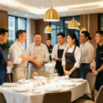 Équipe diversifiée de femmes et d’hommes réunie dans une salle de restaurant élégante avant le service, dans une ambiance professionnelle et chaleureuse.