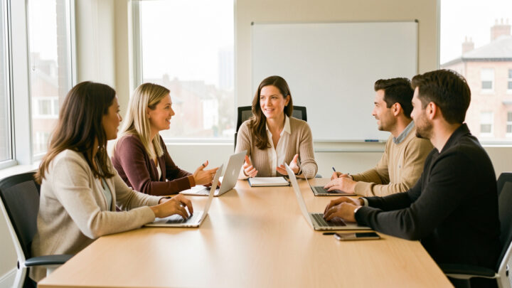 Une manager échange avec une équipe diverse autour d’une table dans un bureau lumineux et professionnel.