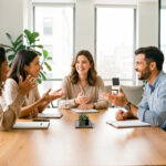 Une équipe composée de femmes et d’hommes échange avec énergie autour d’une table dans un bureau moderne et lumineux.