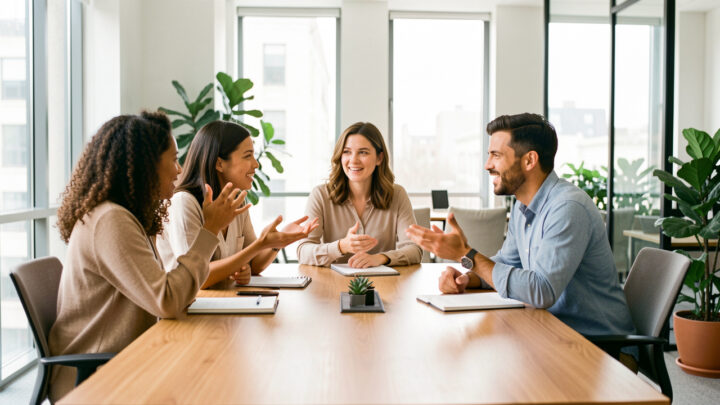 Une équipe composée de femmes et d’hommes échange avec énergie autour d’une table dans un bureau moderne et lumineux.