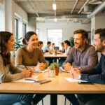 Équipe diverse composée de deux femmes et de deux hommes échangeant autour d’une table lumineuse dans un bureau moderne, dans une ambiance collaborative et naturelle.