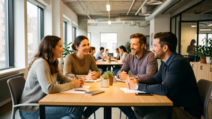 Équipe diverse composée de deux femmes et de deux hommes échangeant autour d’une table lumineuse dans un bureau moderne, dans une ambiance collaborative et naturelle.