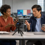 Illustration éditoriale montrant une femme et un homme créateurs de contenu filmant des vidéos verticales dans une salle de rédaction moderne aux tons bleus et rouges, avec des écrans abstraits sans texte.