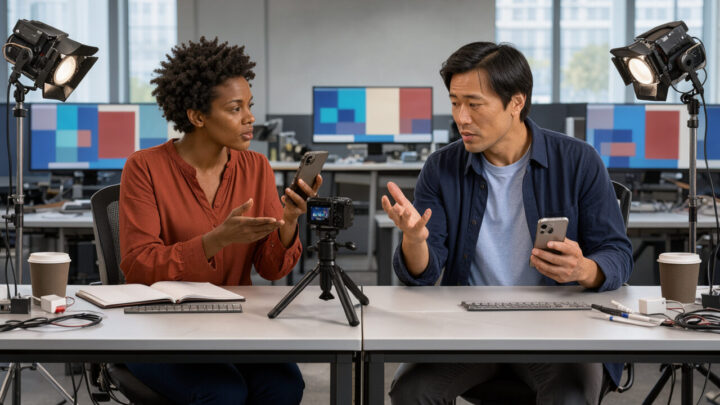 Illustration éditoriale montrant une femme et un homme créateurs de contenu filmant des vidéos verticales dans une salle de rédaction moderne aux tons bleus et rouges, avec des écrans abstraits sans texte.