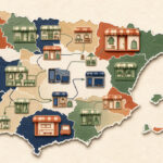 Illustration cartographique de l’Espagne présentant un réseau d’enseignes génériques représentant plusieurs secteurs commerciaux, dans une palette méditerranéenne moderne.