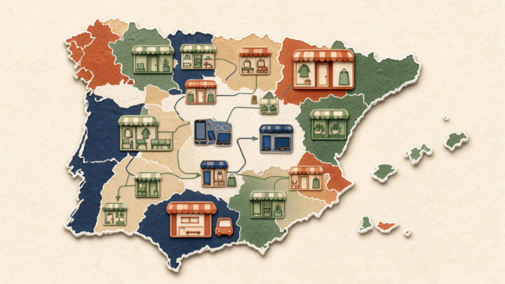 Illustration cartographique de l’Espagne présentant un réseau d’enseignes génériques représentant plusieurs secteurs commerciaux, dans une palette méditerranéenne moderne.