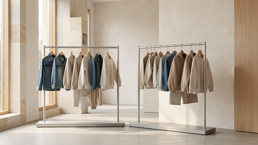 Collection de vêtements pour enfants en denim et sportswear présentée sur des portants dans un showroom contemporain, baigné de lumière naturelle.