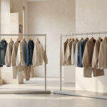 Collection de vêtements pour enfants en denim et sportswear présentée sur des portants dans un showroom contemporain, baigné de lumière naturelle.