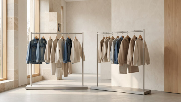 Collection de vêtements pour enfants en denim et sportswear présentée sur des portants dans un showroom contemporain, baigné de lumière naturelle.